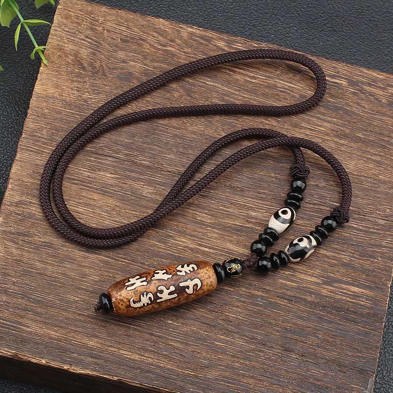 Buddha Stones Tibet Om Mani Padme Hum Dzi Bead Avalokitesvara Pattern Wealth Necklace Pendant Necklaces & Pendants BS 3