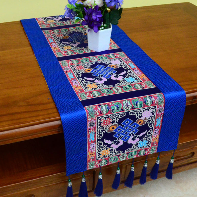 Buddha Stones Prayer Altar Mat Man-Bcu Kalachakra Endless Knot Vajra Tibetan Auspicious Symbols Tassels Table Runner Prayer Altar BS The Knot of Eternity Blue 190*33cm