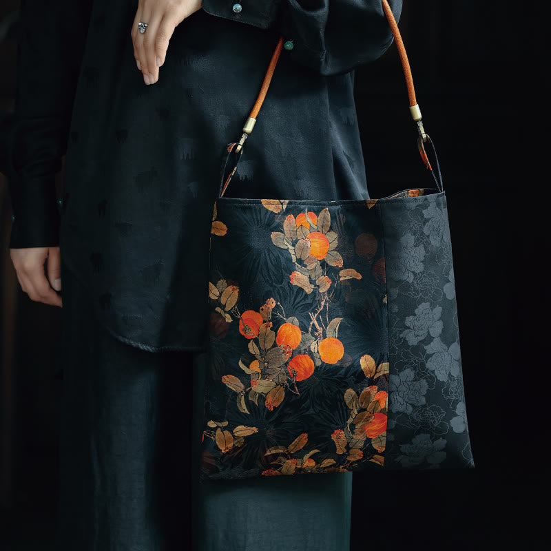 Buddha Stones Bamboo Leaves Flower Butterfly Persimmon Shoulder Bag Handbag Shoulder Bag BS Orange Persimmon 33*33cm