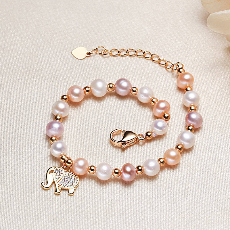 Buddha Stones 18K Gold Plated Pearl Elephant Zircon Charm Sincerity Bracelet Bracelet BS 1