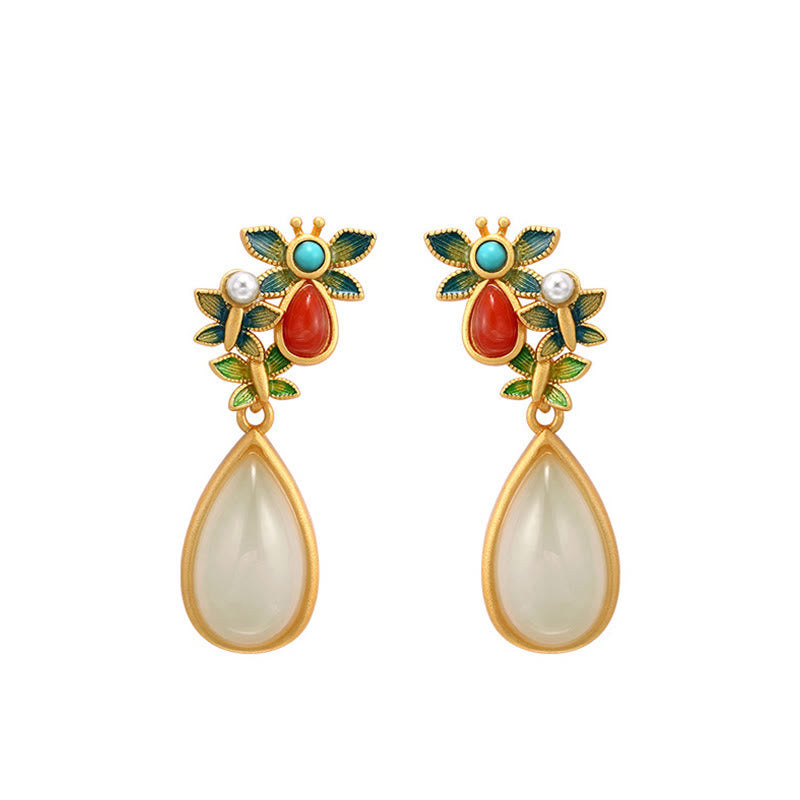 Buddha Stones Water Drop White Jade Red Agate Butterfly Protection Drop Dangle Earrings Earrings BS 11