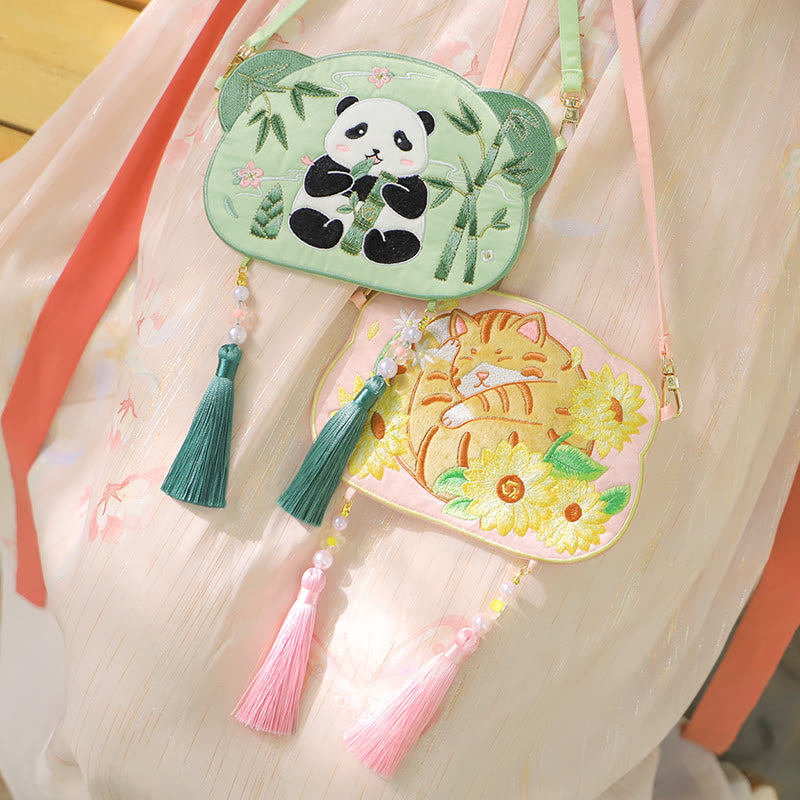 Buddha Stones Embroidery Lucky Panda Cat Shiba Inu Deer Rabbit Fox Flower Cute Animal Hanfu Bag Crossbody Bag Shoulder Bag Bag BS 1