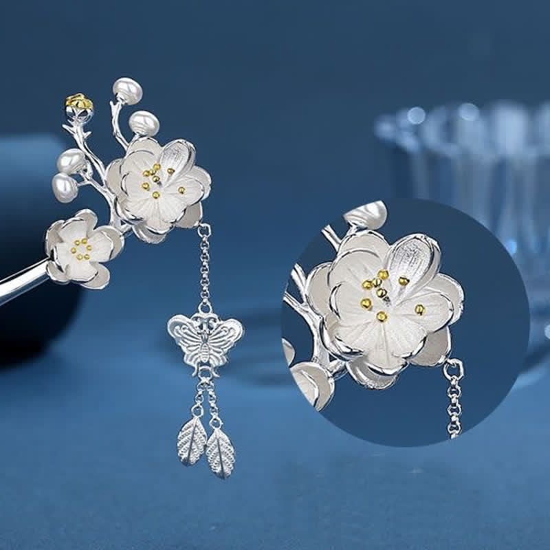 Buddha Stones Plum Blossom Butterfly Love Freedom Tassel Hairpin Hairpin BS 8