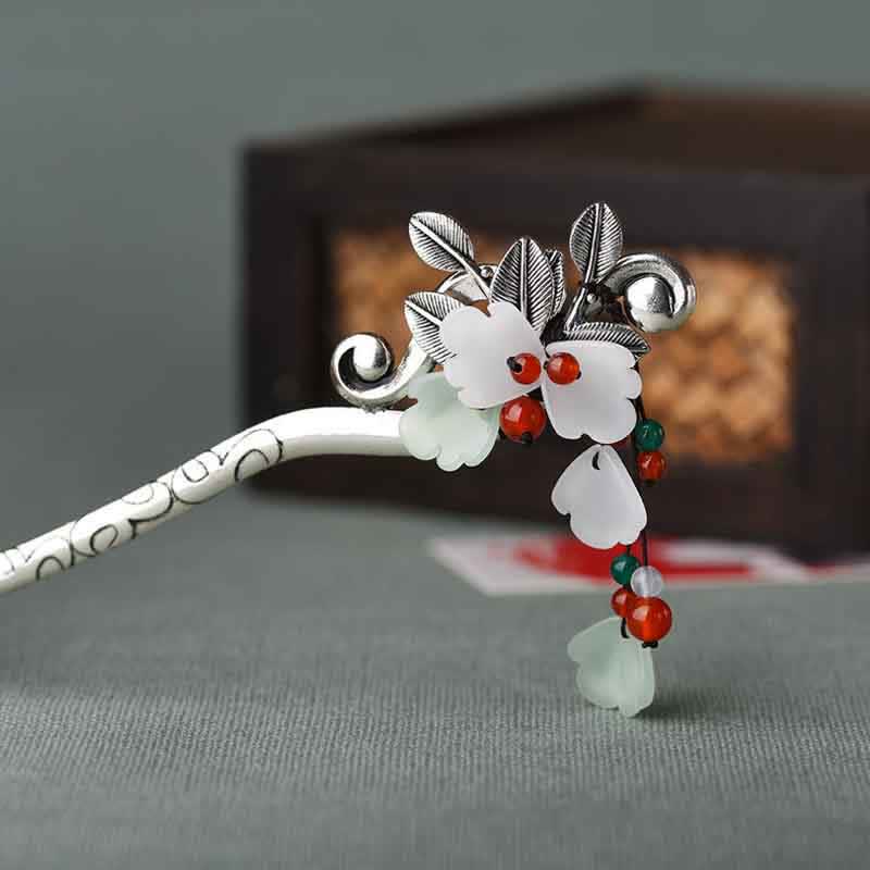 Buddha Stones Red Agate Flower Leaf Calm Confidence Tassel Hairpin Hairpin BS 1