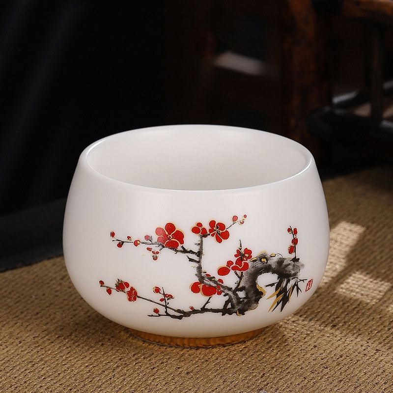 Buddha Stones Dragon Cicada Bamboo Deer Crane Lotus Plum Flower Ceramic Teacup Kung Fu Tea Cup Bowl 185ml Cup BS Red Plum Blossom 8.5cm*5.5cm*185ml