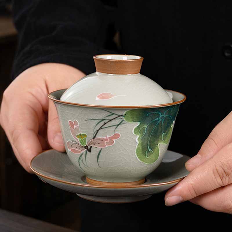 Buddha Stones Lotus Koi Fish Pod Leaf Ceramic Gaiwan Sancai Teacup Kung Fu Tea Cup And Saucer With Lid 140ml Cup BS 7