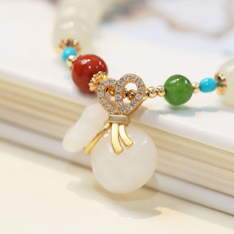 Buddha Stones Natural Hetian White Jade 14K Gold Plated Money Bag Blessing Bracelet Bracelet BS 3