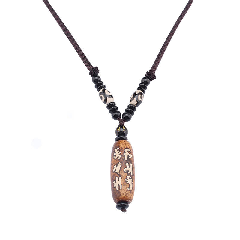 Buddha Stones Tibet Om Mani Padme Hum Dzi Bead Avalokitesvara Pattern Wealth Necklace Pendant Necklaces & Pendants BS 12