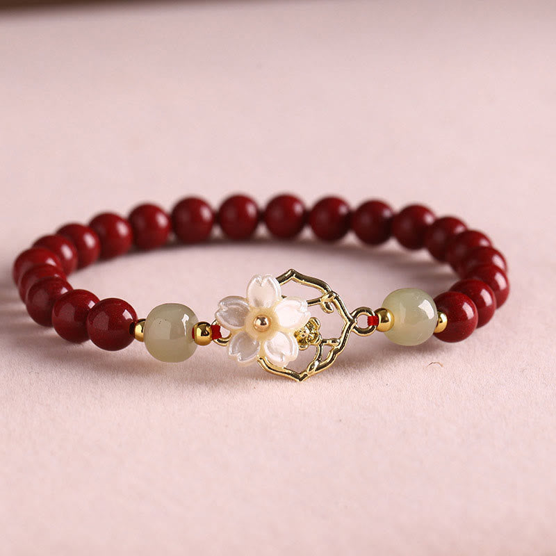 Buddha Stones Natural Cinnabar Jade Beaded Tridacna Stone Flower Blessing Bracelet Bracelet BS Cinnabar 6mm(Wrist Circumference 17cm)