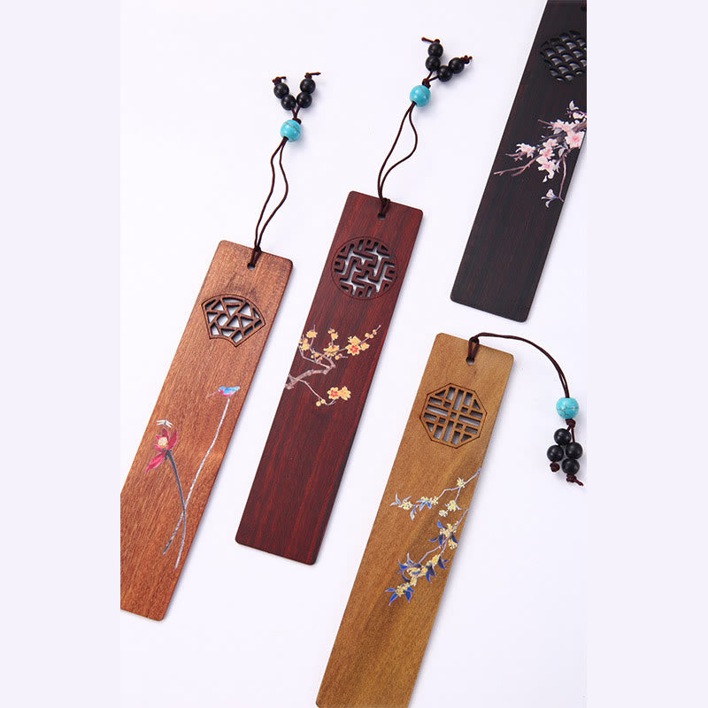 Buddha Stones 4Pcs Four Seasons Plum Orchid Bamboo Chrysanthemum Peking Opera Mask Wood Bookmarks With Gift Box Bookmarks BS 12