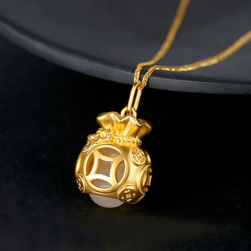 Buddha Stones Auspicious Feng Shui Money Bag Jade Pendant Necklace Necklace BS 1