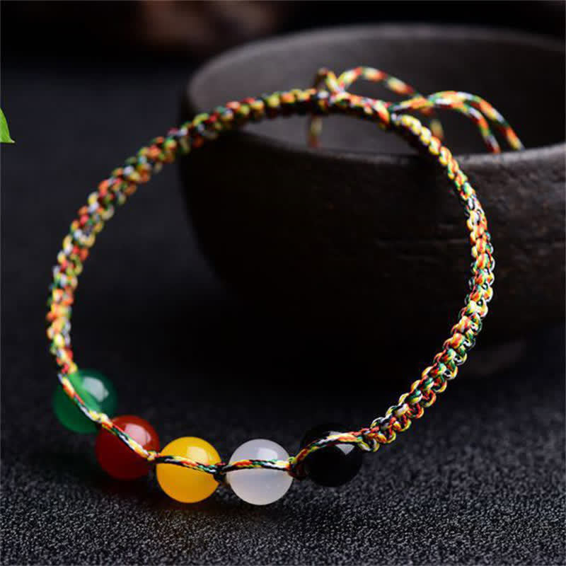 Buddha Stones Colorful Agate Metal Wood Water Fire Earth Five Elements String Bracelet Bracelet BS 4