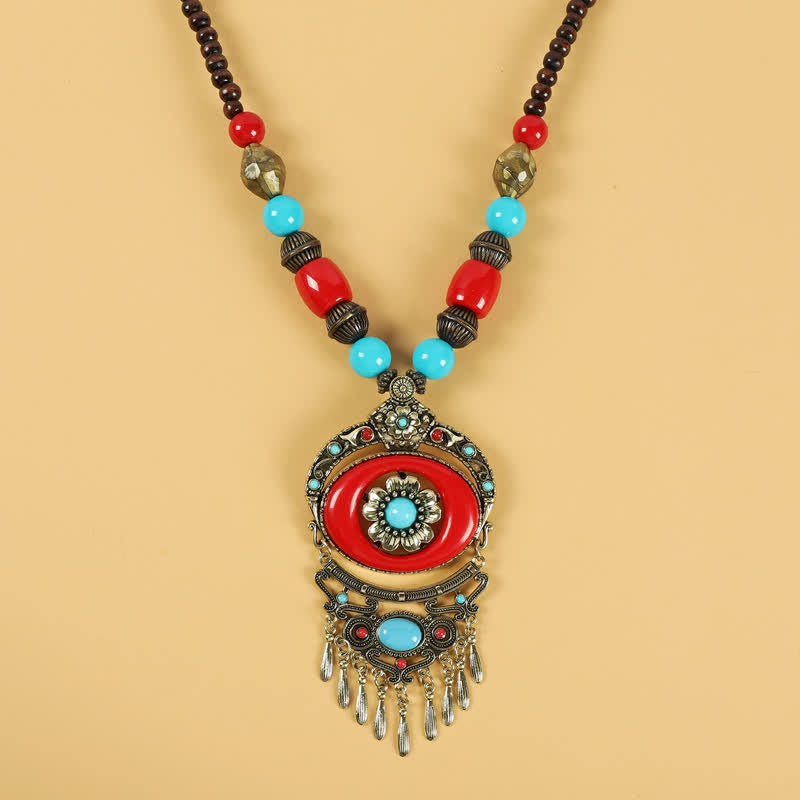 Buddha Stones Tibetan Retro Beads Tassel Hair Decoration Hair Accessories Decorations BS Flowers-Red