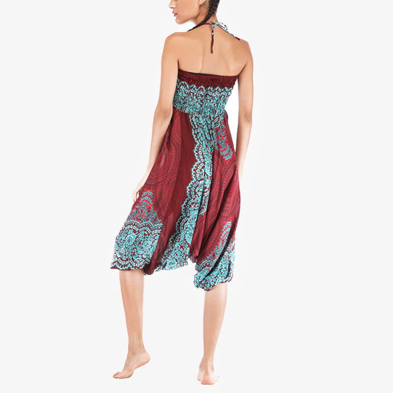 Buddha Stones Two Style Wear Round Geometric Pattern Loose Smocked Harem Trousers Jumpsuit High Waist Women's Yoga Pants Harem Pants&Bodysuit BS 8