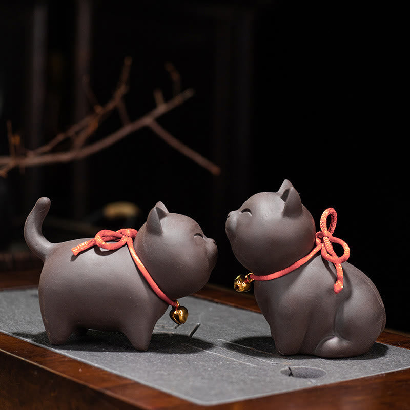 Buddha Stones Mini Lovely Cat Tea Pet Purple Clay Figurine Desk Decoration Decorations BS 9