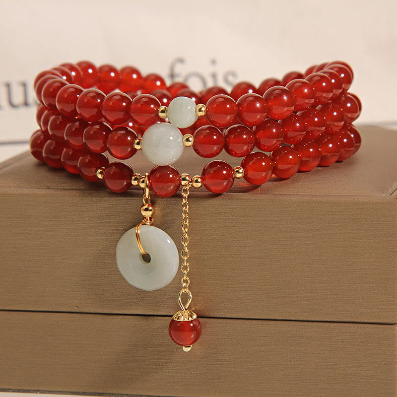 Buddha Stones Natural Red Agate Jade Peace Buckle Calm Triple Wrap Bracelet Bracelet BS 3