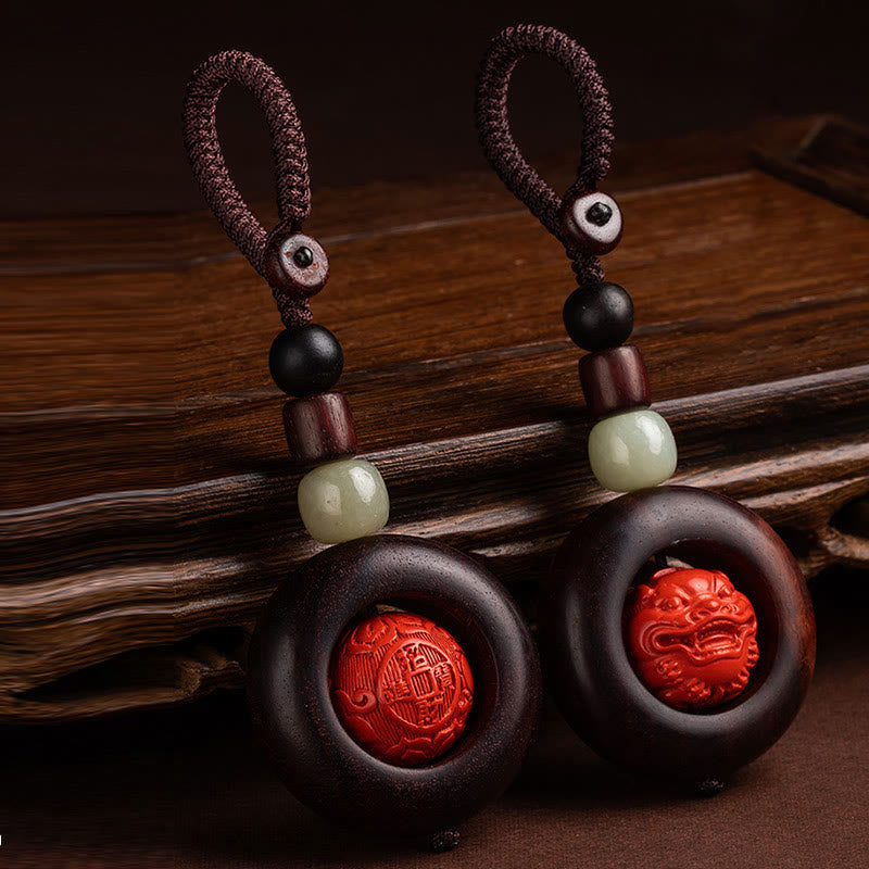 Foviel Tibet Om Mani Padme Hum PiXiu Copper Coin Small Leaf Red Sandalwood Cinnabar Protection Key Chain
