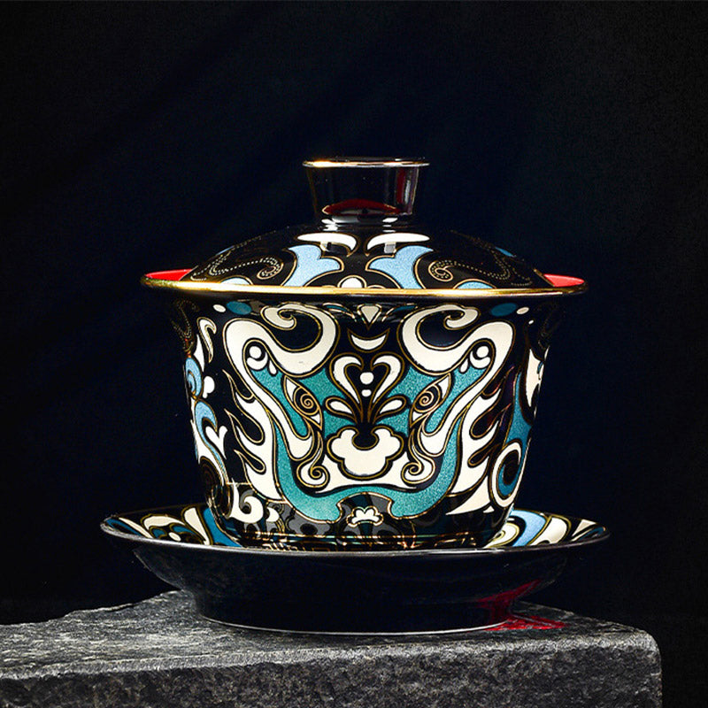Buddha Stones Peking Opera Mask Pattern Ceramic Gaiwan Sancai Teacup Kung Fu Tea Cup And Saucer With Lid Teapot Cup BS 1