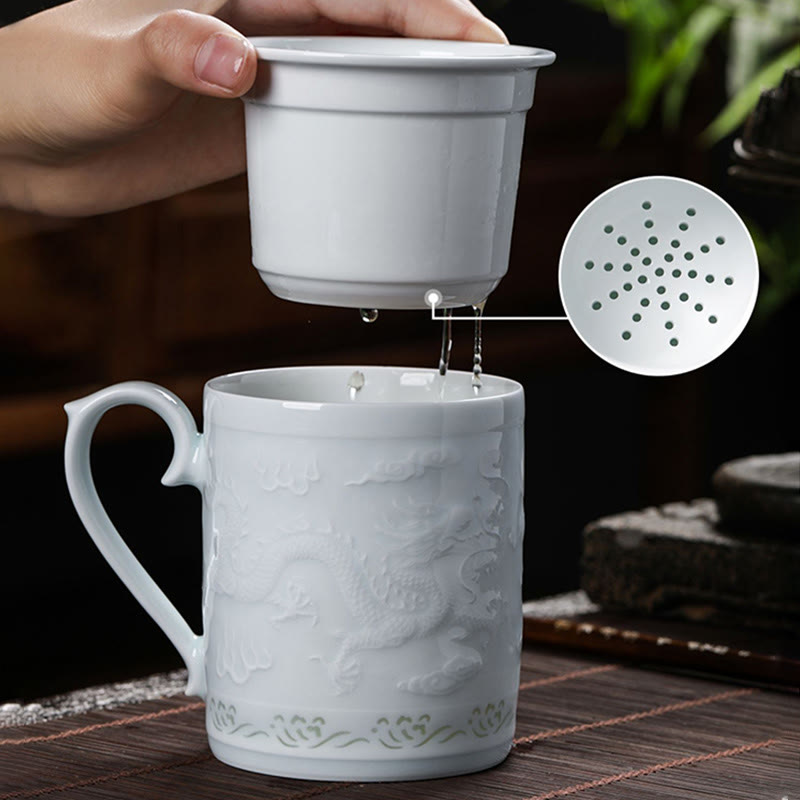 Buddha Stones Jingdezhen Linglong Porcelain Auspicious Dragon Phoenix Boat Smooth Sailing Ceramic Teacup Office Tea Cups 420ml Cup BS 2