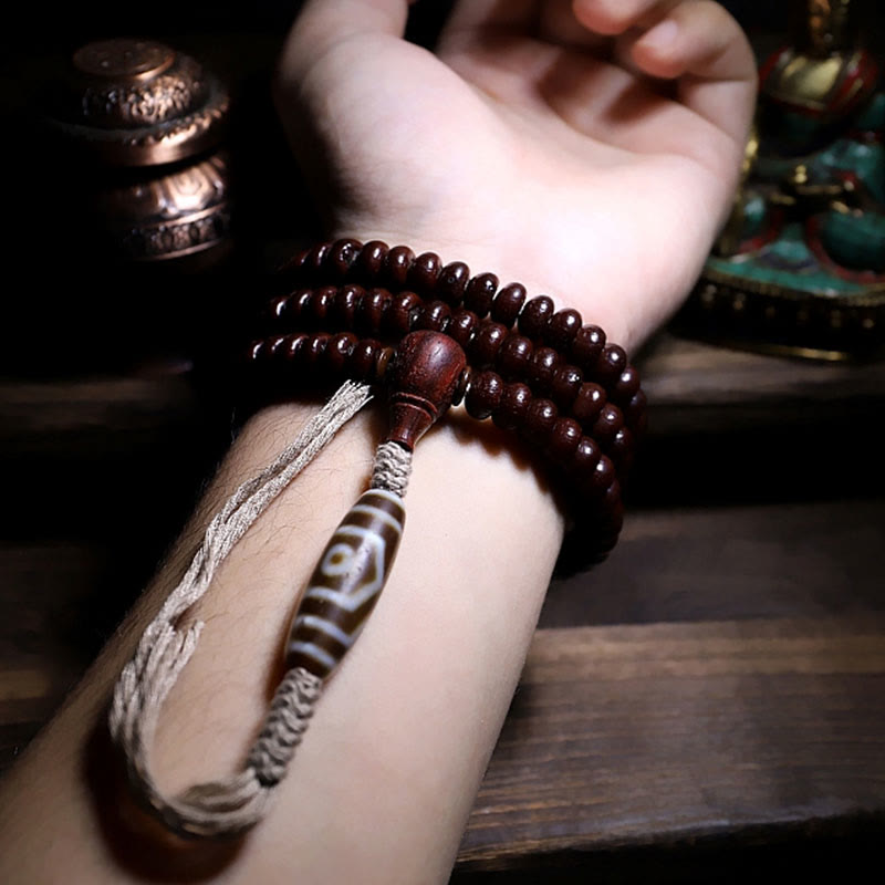 Buddha Stones Natural Tibet 108 Mala Beads Purple Bodhi Seed Three-eyed Dzi Bead Copper Dorje Harmony Bracelet Mala Bracelet BS 9