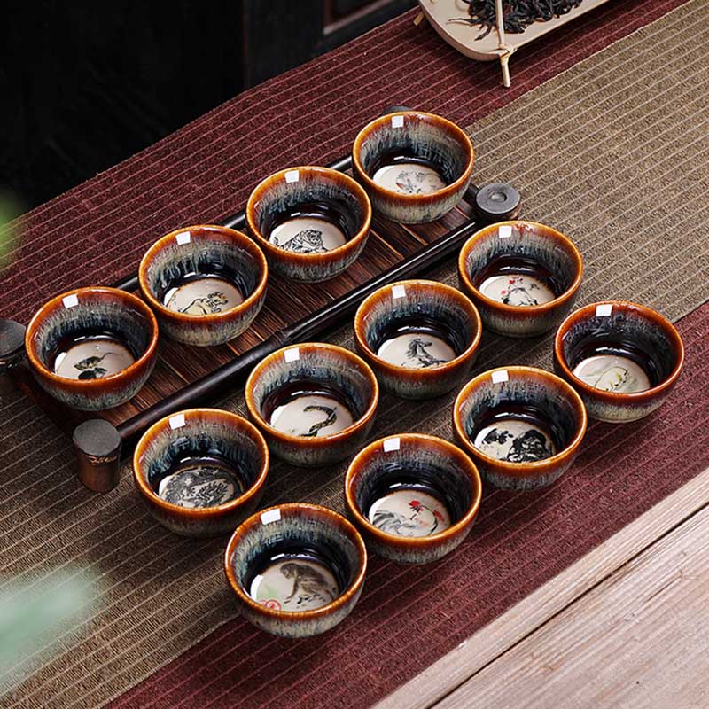 Buddha Stones 12 Chinese Zodiac Pattern Ceramic Teacup Kung Fu Jian Chinese Zhan Tea Cup 73ml Jian Zhan Tea Cup BS 23