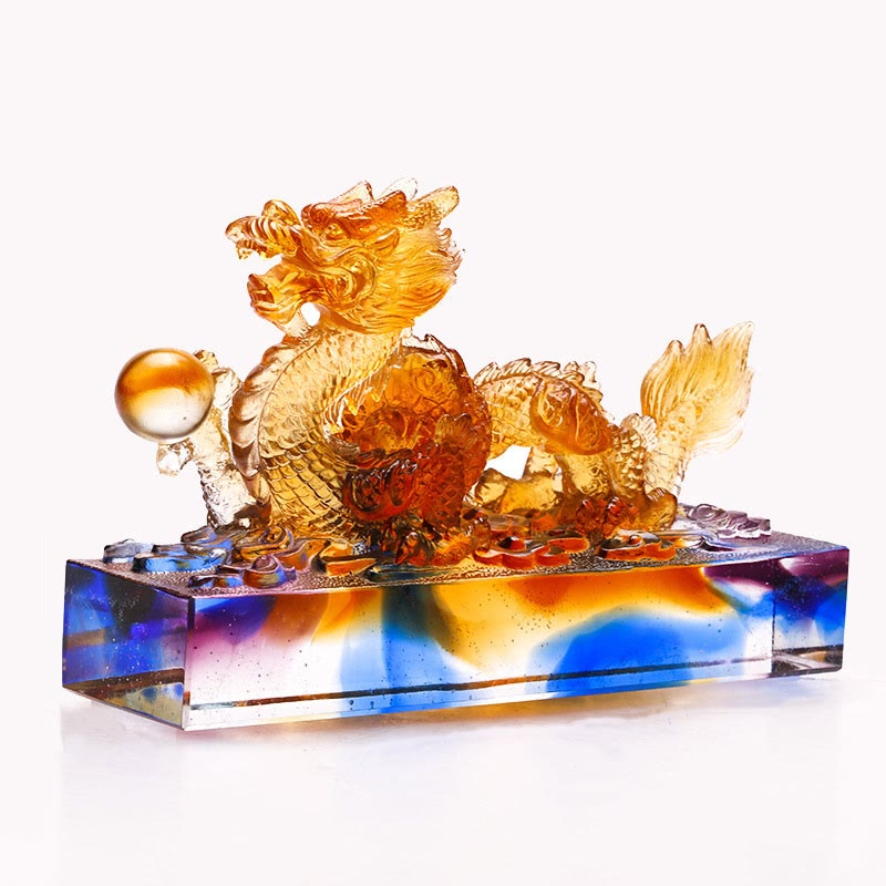 Buddha Stones Handmade Multicolored Dragon Liuli Crystal Art Piece Protection Home Office Decoration Decorations BS 16*5*10.2cm/6.3*1.97*4.02Inch