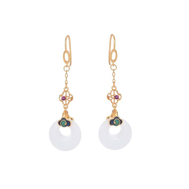 Buddha Stones FengShui White Jade Blessing Drop Earrings Earrings BS 14