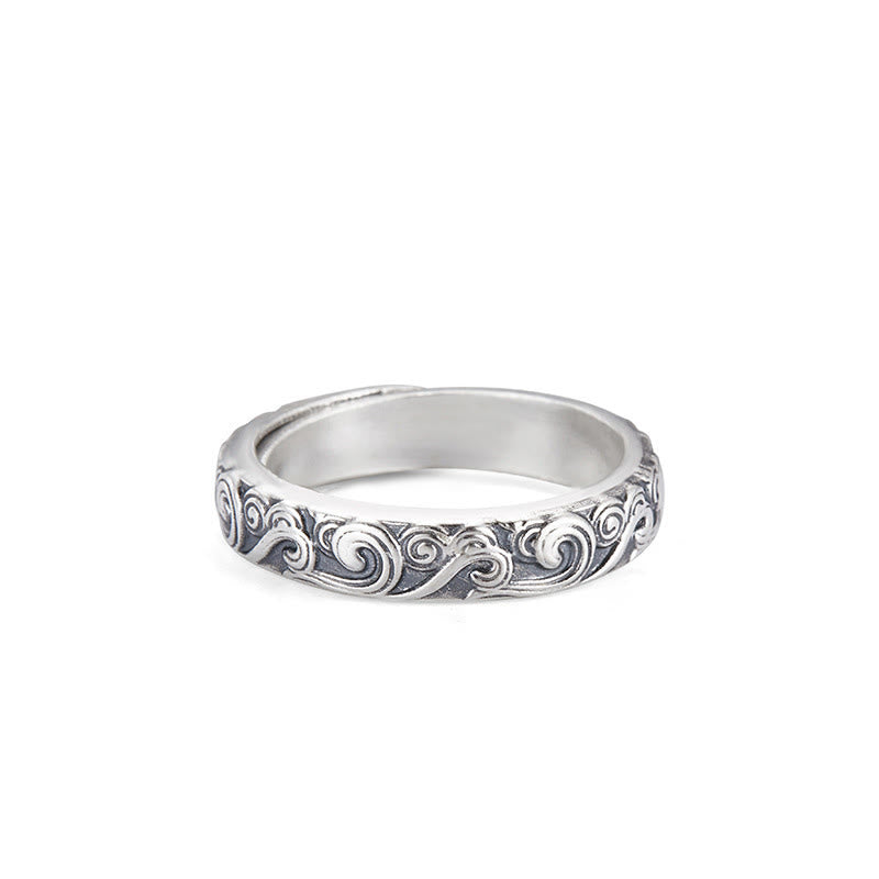 Buddha Stones 999 Sterling Silver Auspicious Clouds Engraved Blessing Adjustable Ring Ring BS Auspicious Clouds About 4g(Adjustable)