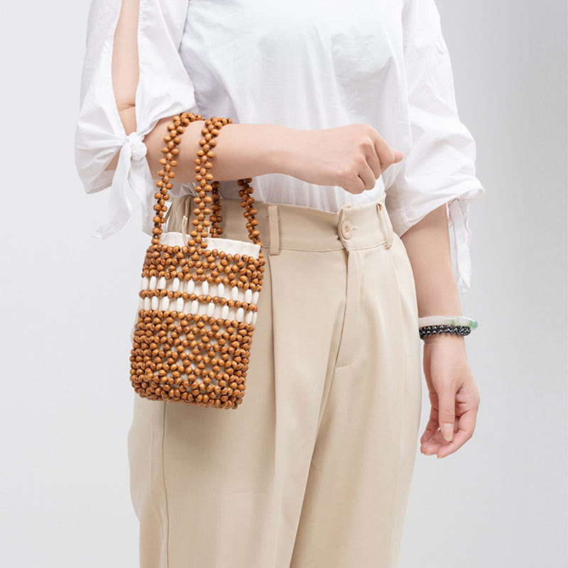 Buddha Stones Hand-woven Bucket Portable Wooden Beads Handbag Handbags BS 6