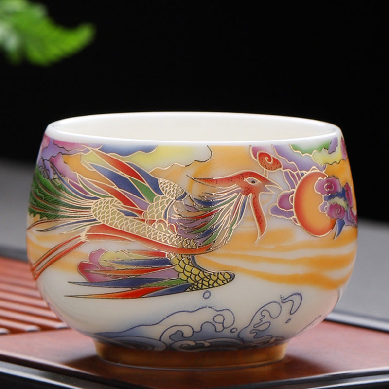 Buddha Stones Dragon Phoenix Auspicious Clouds Sun Ocean Waves Ceramic Teacup Kung Fu Tea Cup Cup BS 7.7cm*6.1cm*190ml Phoenix