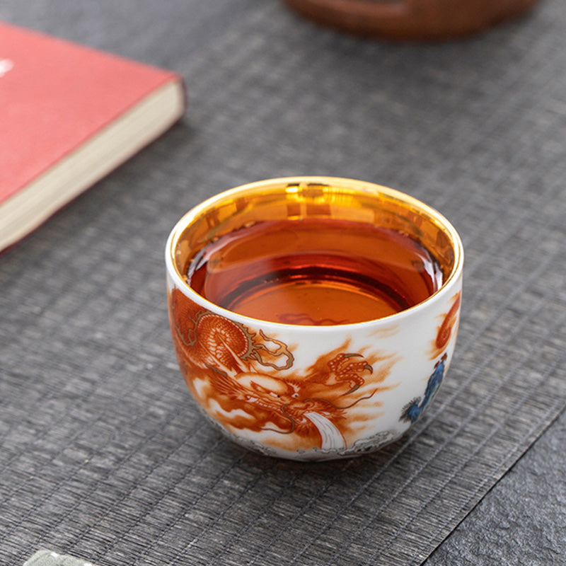 Buddha Stones Dragon Phoenix Crane Sun Ocean Waves Gilt Ceramic Teacup Kung Fu Tea Cup 170ml Cup BS 7