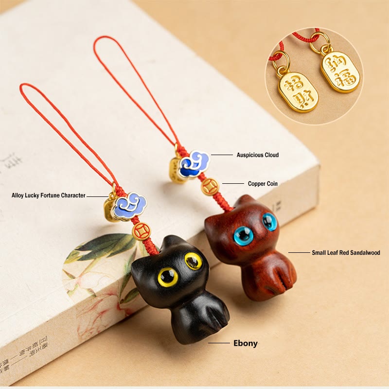 Buddha Stones Small Leaf Red Sandalwood Ebony Wood Lucky Cat Protection Key Chain Phone Hanging Decoration Key Chain BS 13