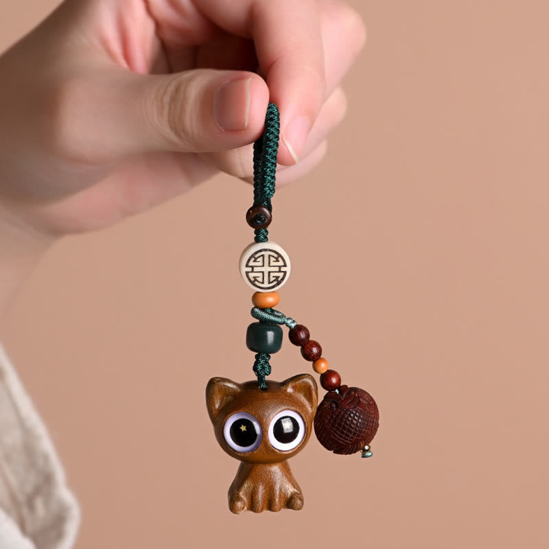 Buddha Stones Green Sandalwood Lucky Cat Koi Fish Cure Key Chain Phone Hanging Decoration Key Chain BS 22