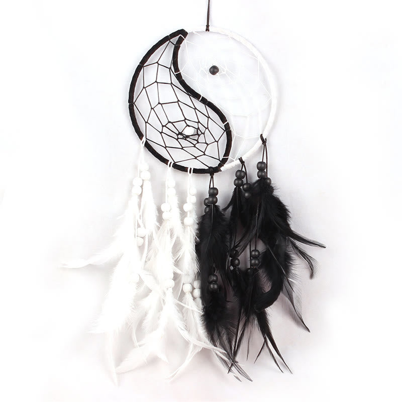 Buddha Stones Yin Yang Dream Catcher Circular Net with Feathers Balance Decoration Decorations BS #1