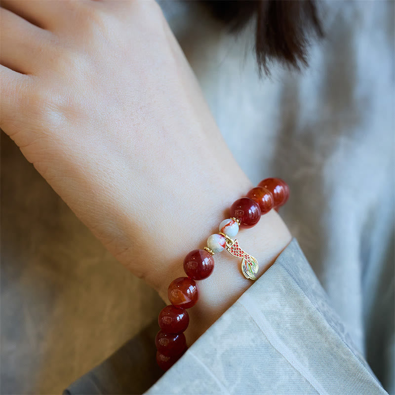 Buddha Stones Natural Red Agate Peace Talisman Fu Character Dragon Tail Confidence Charm Bracelet Bracelet BS 8