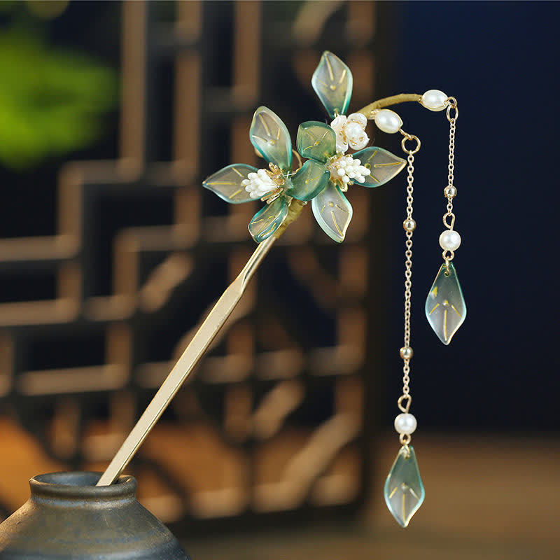 Buddha Stones Flower Leaf Pearl Peace Tassel Hairpin Hairpin BS 5