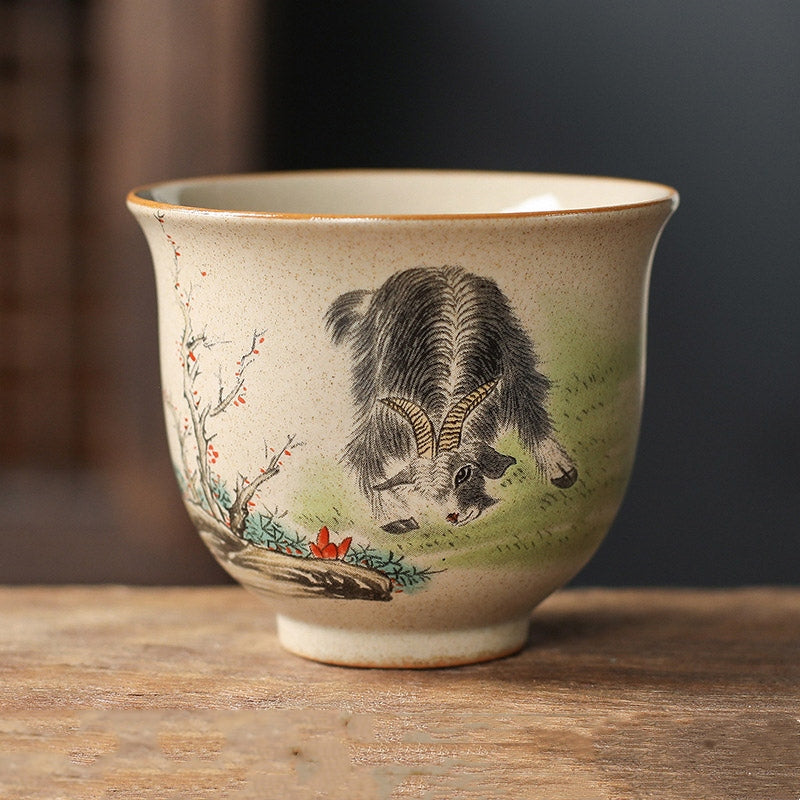 Buddha Stones 12 Chinese Zodiac Ceramic Teacup Kung Fu Tea Cup 130ml Cup BS Goat 7.2cm*6cm*130ml