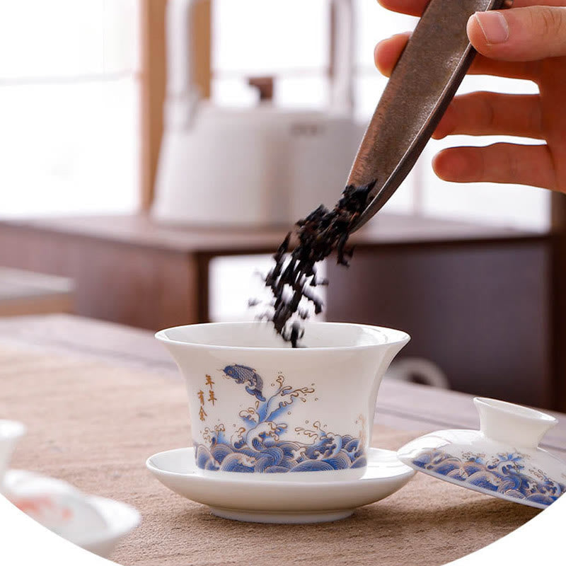 Buddha Stones White Porcelain Mountain Landscape Countryside Ceramic Gaiwan Teacup Kung Fu Tea Cup And Saucer With Lid Cup BS 5