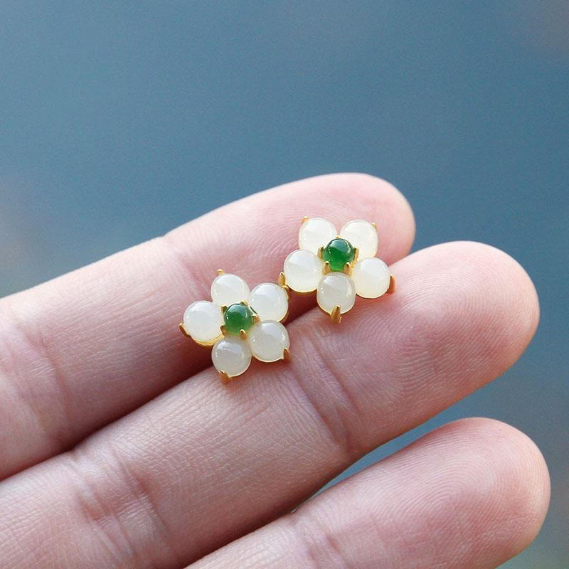 Buddha Stones White Jade Flower Luck Blessing Stud Earrings Earrings BS 3