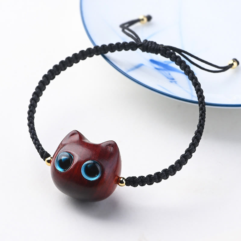 Foviel Small Leaf Red Sandalwood Ebony Wood Cute Cat Head Calm Protection Braided Bracelet