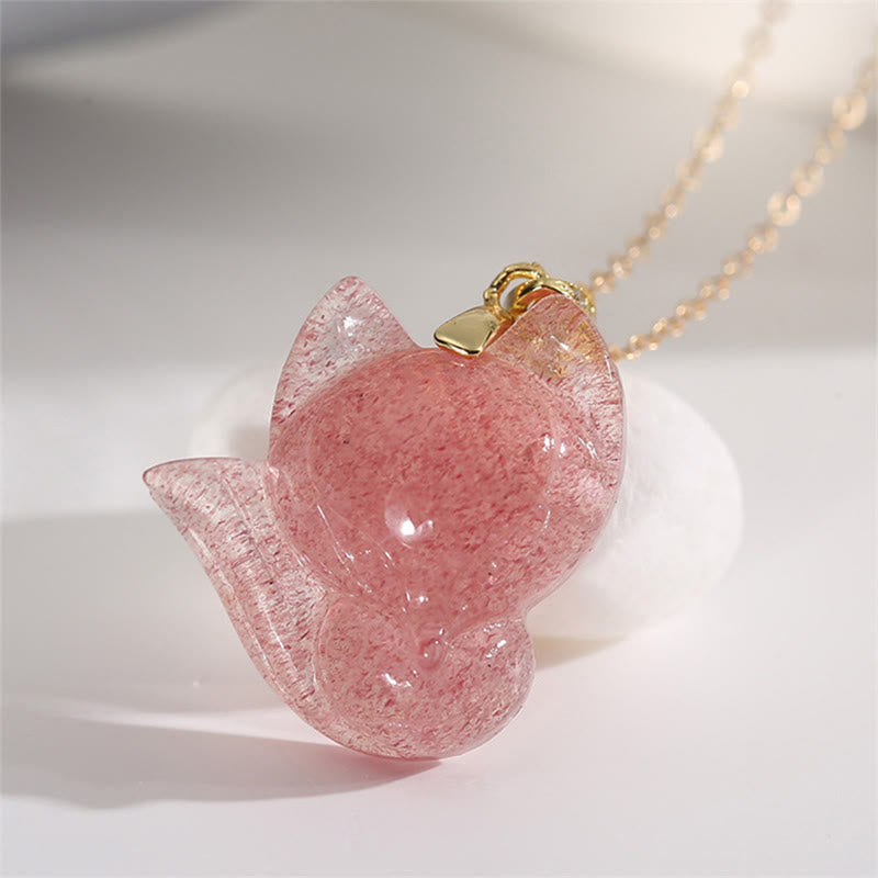 Buddha Stones 14k Gold Plated 925 Sterling Silver Strawberry Quartz Fox Healing Necklace Pendant Necklaces & Pendants BS 2
