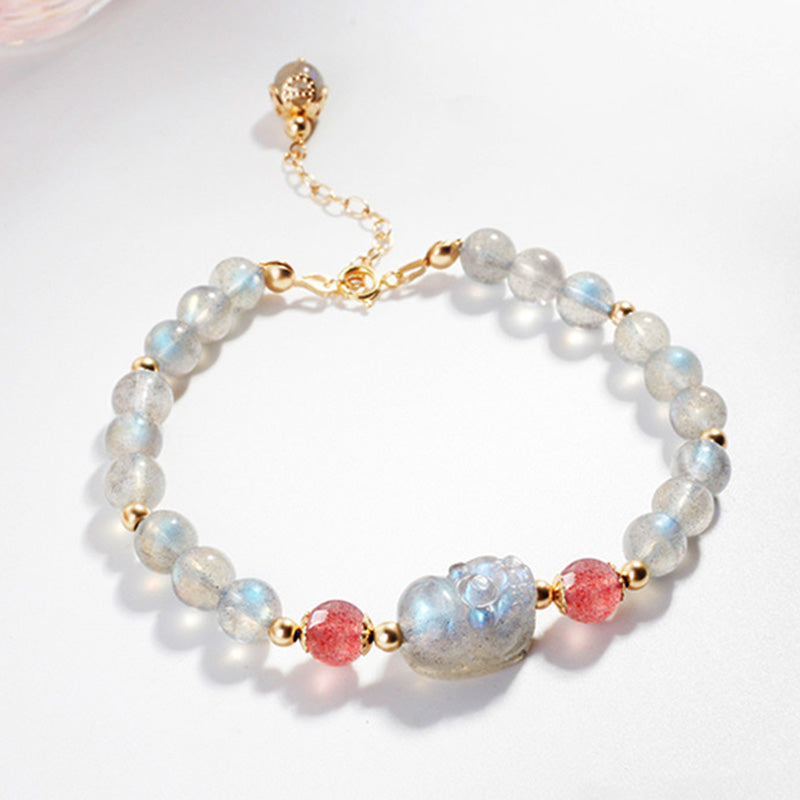 Buddha Stones Moonstone Strawberry Quartz PiXiu Healing Bracelet Bracelet BS Moonstone&Strawberry Quartz