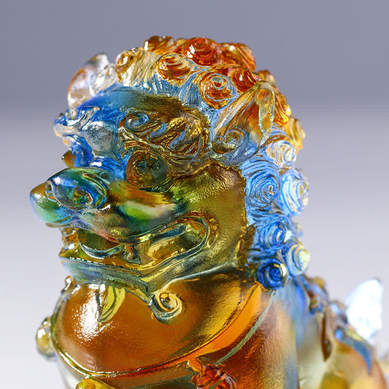 Buddha Stones Handmade Liuli Crystal Lion Art Piece Strength Home Office Decoration Decorations BS 8