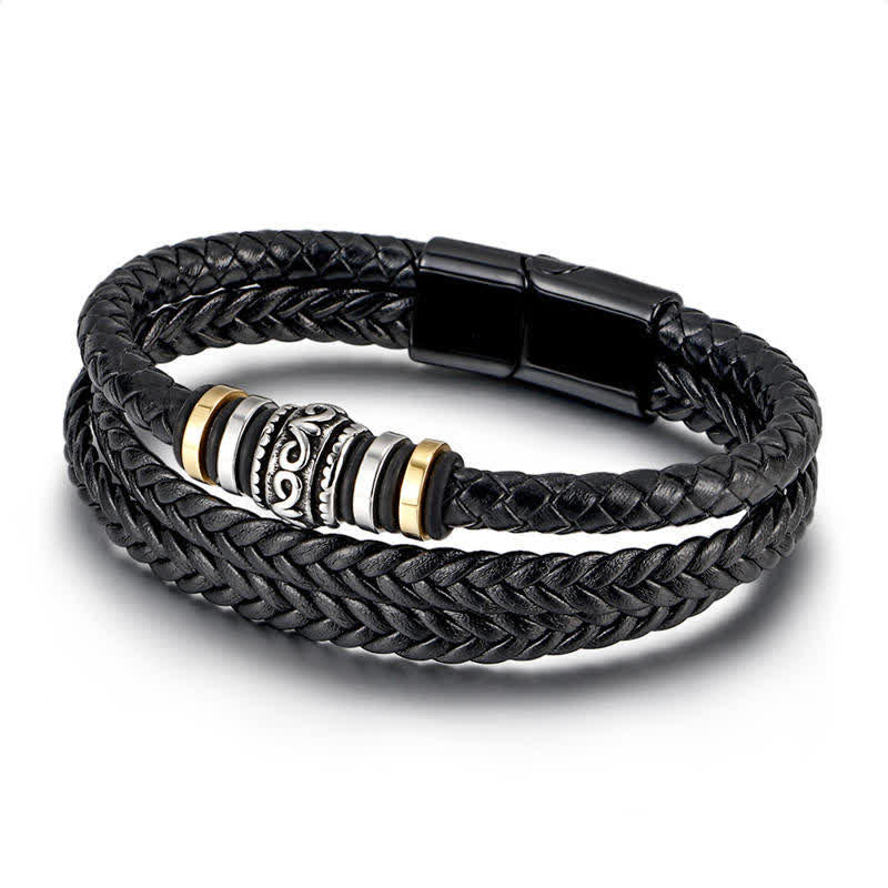 Buddha Stones Leather Layered Titanium Steel Balance Braided Bracelet Bracelet BS 1