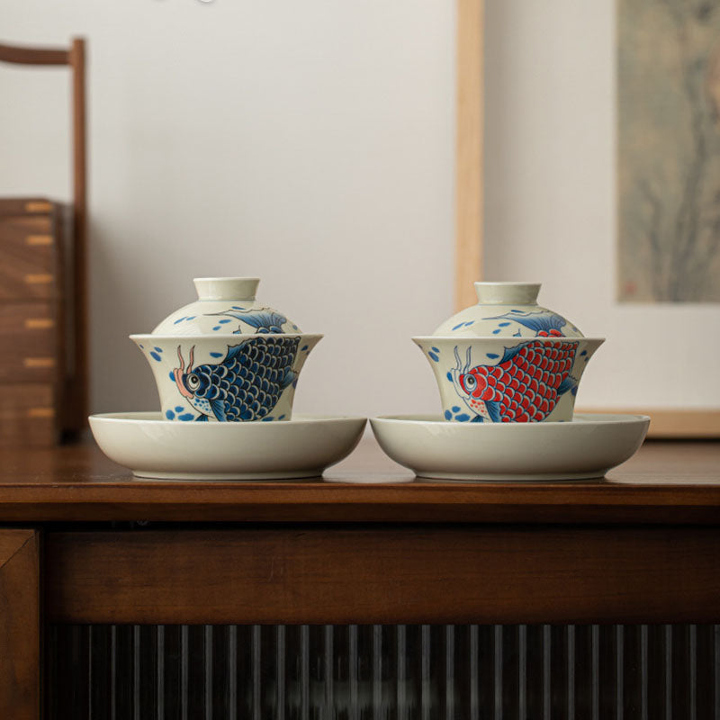 Buddha Stones Koi Fish Arowana Ceramic Gaiwan Sancai Teacup Kung Fu Tea Cup With Lid 130ml Cup BS 23