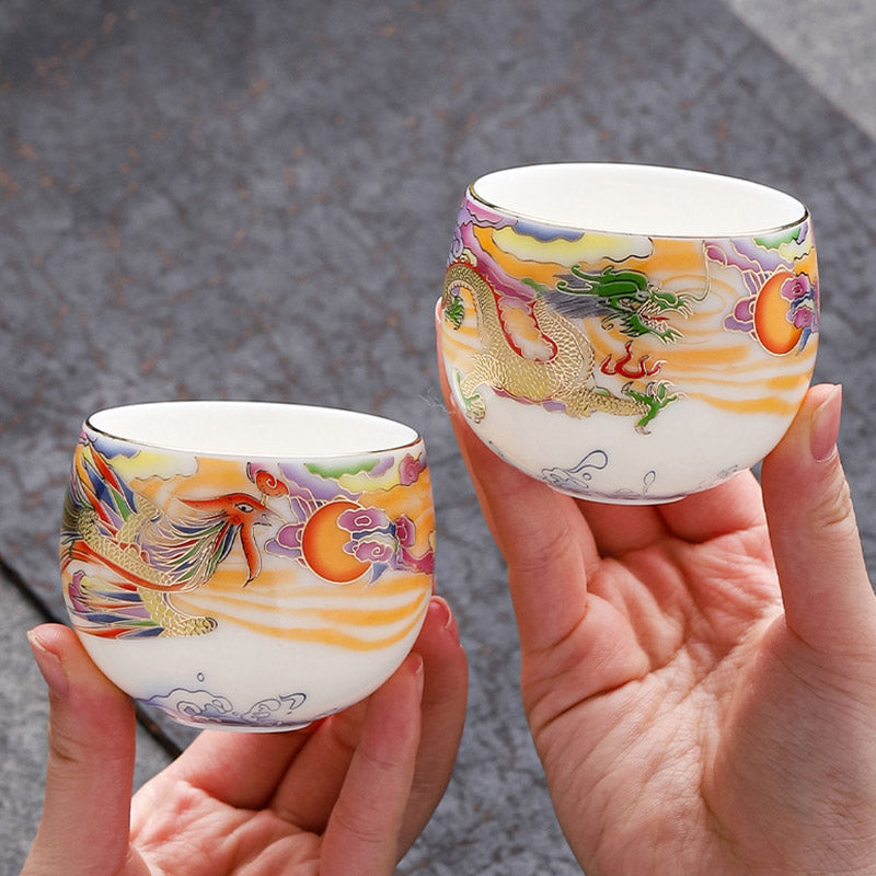 Buddha Stones Dragon Phoenix Auspicious Clouds Sun Ocean Waves Ceramic Teacup Kung Fu Tea Cup Cup BS 17