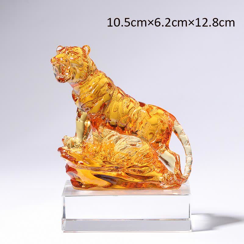 Buddha Stones Handmade Liuli Crystal Tiger Art Piece Protection Home Decoration Decorations BS Gold&Base