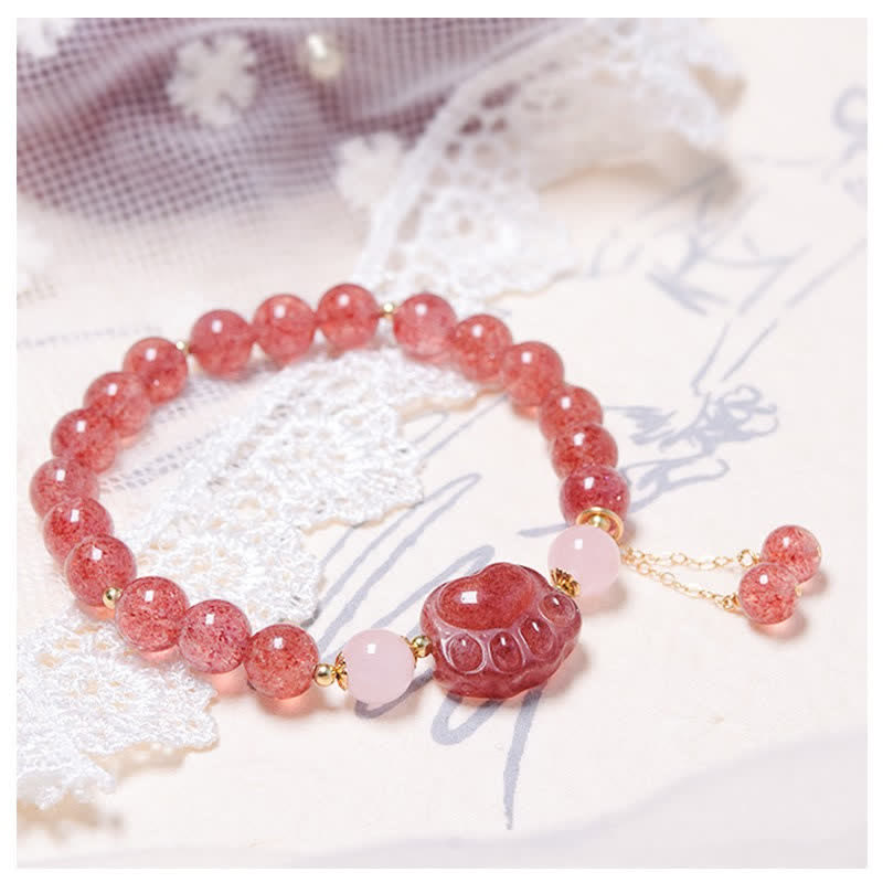 Buddha Stones Natural Strawberry Quartz Pink Crystal Lucky Cat Paw Love Bracelet Bracelet BS 1