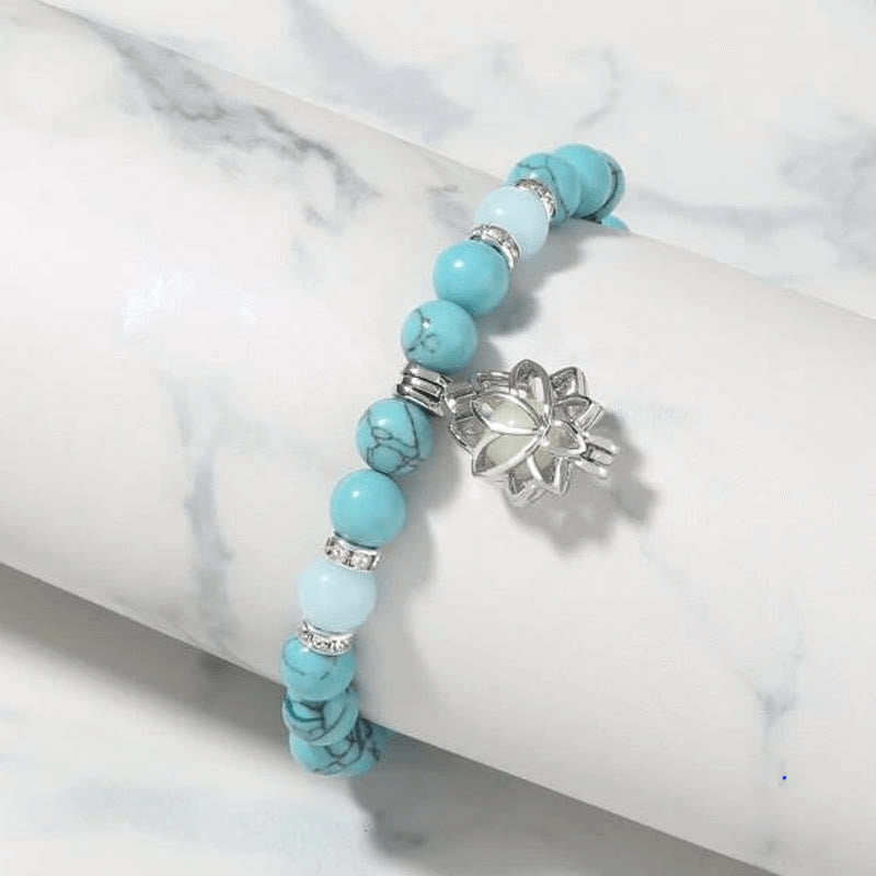 Buddha Stones Tibetan Turquoise Glowstone Luminous Bead Lotus Protection Bracelet Bracelet BS Dark Blue Turquoise Blue Light