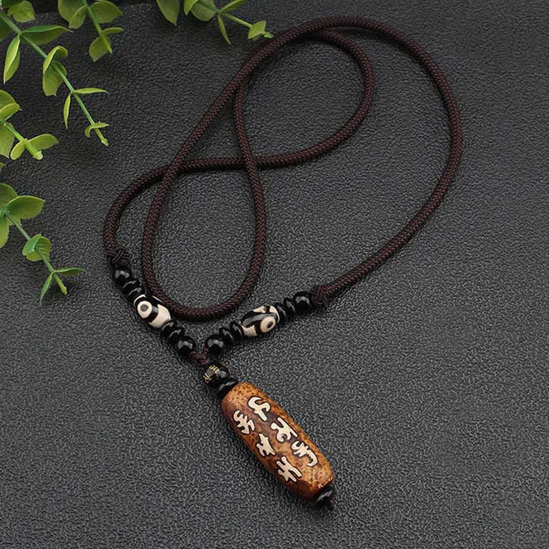 Buddha Stones Tibet Om Mani Padme Hum Dzi Bead Avalokitesvara Pattern Wealth Necklace Pendant Necklaces & Pendants BS 10